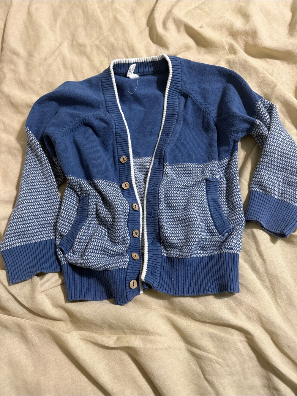 Boys Blue and white Knit Button-Up Cardigan Jacket. Size 3